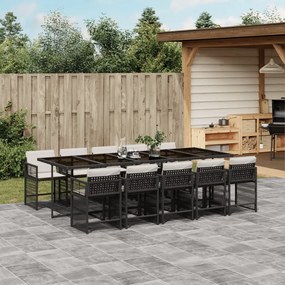 vidaXL 11 pcs conjunto de jantar p/ jardim c/ almofadões vime PE preto