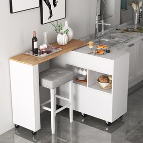 Carrinho de cozinha 2 em 1  com tampa de madeira Estante Suporte para garrafas Gaveta 120 x 40 x 100 cm Branco