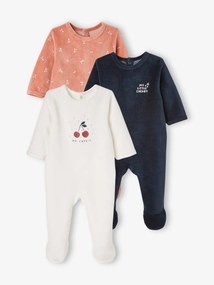 Lote de 3 pijamas, em veludo, abertura atrás, para bebé rosa escuro bicolor/multicolor