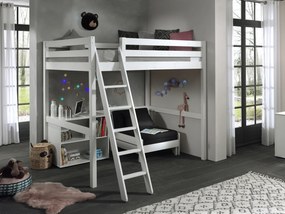 Conjunto Cama alta de Criança PINO 140 x 200 cm + estrado + escada + estante + sofá-cama Branca