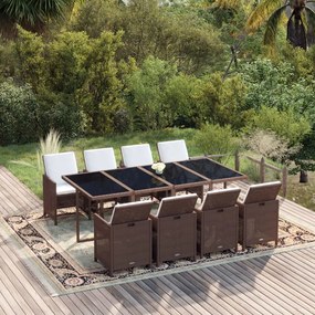 vidaXL 9 pcs conjunto jantar p/ jardim c/ almofadões vime PE castanho