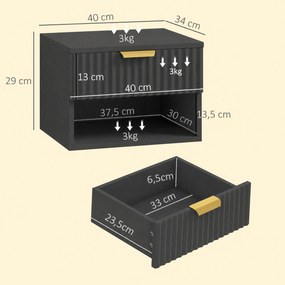 Conjunto de 2 mesas de cabeceira suspensas  40 x 34 x 29 cm, mesas de cabeceira de parede com gaveta e compartimentos abertos, estilo moderno, preto