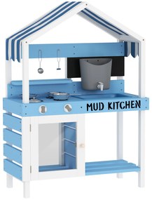 Aiyaplay Cozinha de Brincar para Crianças Ao Ar Livre com Dossel Conjunto de Utensílios de Cozinha Madeira Maciça Azul | Aosom Portugal