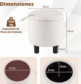 Pufe redondo com espaço de arrumação e tampa rebatível em linho 38 x 42 cm; apoio para os pés ou pufe para sala ou quarto; bege