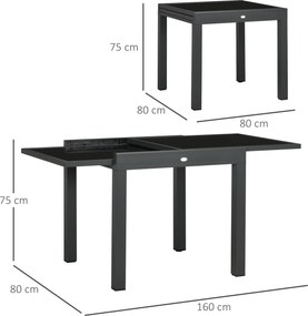 Mesa de Jardim Extensível de Alumínio com Bancada de Vidro Temperado 160x80x75 cm Preto