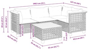 5 pcs conjunto sofás de jardim com almofadões vime PE preto