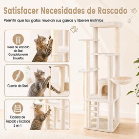 Árvore para Gatos de 5 Níveis, 71 x 71 x 194 cm, Para Vários Gatos, Bege