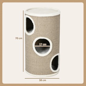 Torre para Arranhar para Gato, 38 x 38 x 70 cm, 3 Níveis com Revestimento em Sisal, Castanho