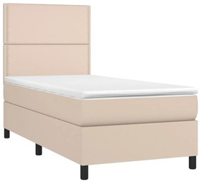 Cama box spring c/ colchão/LED 80x200cm couro artif. cappuccino