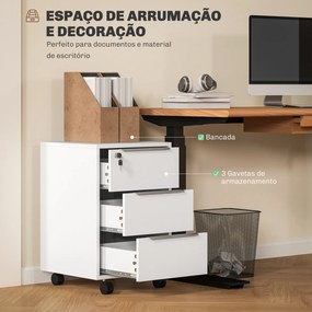Bloco de Gavetas Móvel de Escritório com 3 Gavetas Fechadura Rodas e Travão para Documentos 40x40x63,5 cm Branco
