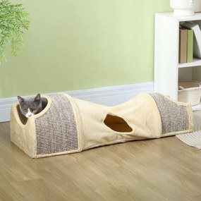 Túnel para gatos, brinquedo para gatos, com 2 compartimentos abertos em sisal, aberturas, para interior, 107 x 38 x 29 cm, bege