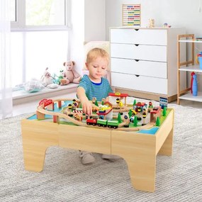 Conjunto de comboio para crianças de madeira maciça com 84 peças, mesa e carris para rapazes e raparigas com mais de 3 anos 97 x 62,5 x 39,5 cm Natura