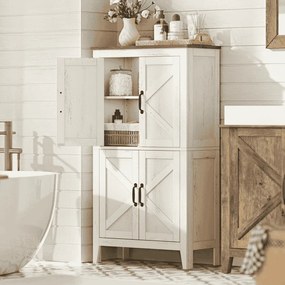Armário de casa de banho 30 x 60 x 110 cm com gavetas e prateleiras ajustáveis em estilo rústico branco vintage