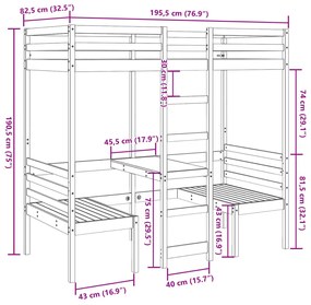 Cama alta c/ secretária/cadeiras 75x190 cm pinho castanho-mel