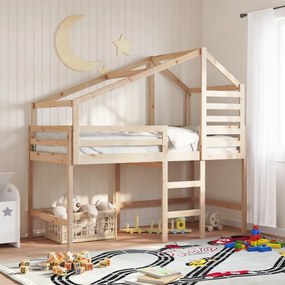 vidaXL Cama alta c/ escada e telhado 90x200 cm pinho maciço