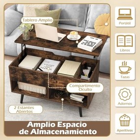 Mesa de centro 80 x 40 x 44,5 cm elevável em madeira com compartimento oculto e 2 prateleiras abertas café