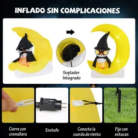 Coruja insuflável na lua Decoração de Halloween iluminada por LEDs Lua grande e coruja mágica Decoração de jardim gigante 130 x 155 cm