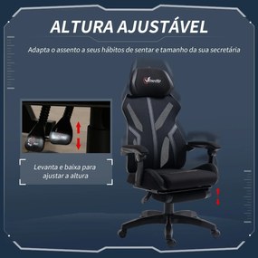 Cadeira de Gaming com Apoio para os Pés Retrátil Cadeira de Escritório Reclinável com Apoio para a Cabeça e Altura Ajustável 65x65x119-129cm Preto