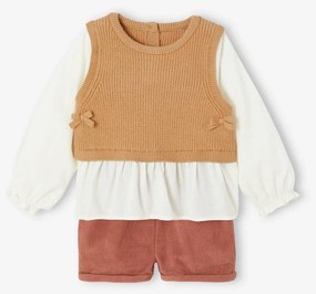 Conjunto 3 peças camisola 2 em 1 + calções + lenço para bebé terracota