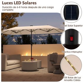 Guarda-sol grande 392 cm  com luzes LED solares, manivela, 12 hastes, retangular de duas faces Bege