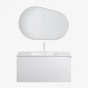 Conjunto De Móvel De Casa De Banho Suspenso Em Madeira Com Lavatório Integrado Macrae Branco & Oval Led E Anti-embaciamento 100x80 Cm Riben - Sklum