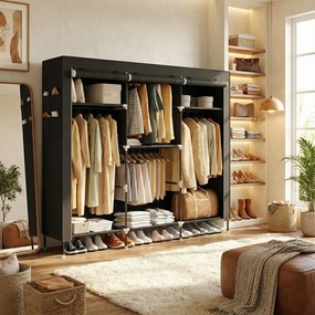 Guarda roupa com varão 45 x 189 x 180 cm, em tecido e plástico com bolsos laterais preto