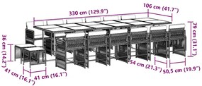 17 pcs conj. de jantar p/ jardim c/ almofadões vime PE cinzento