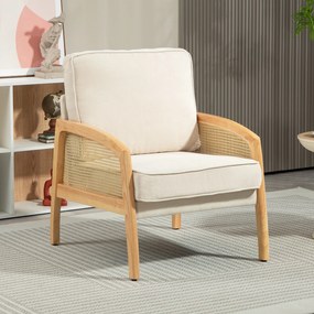 Poltrona Sala de Estar Moderna com Apoio para os Braços em Vime e Pés de Madeira para Escritório 67x75x88 cm Bege