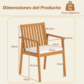 Conjunto 2 Cadeiras de Jantar jardim, Exterior em Madeira de Acácia com Almofada Removível e Apoio de Braços Castanho e Branco