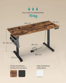Secretária elétrica com regulação elétrica da altura 60 x 140 x (72-120) cm Castanho vintage - Preto 