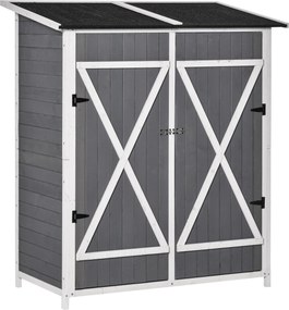 Outsunny Armário de jardim Abrigo de ferramentas com 2 portas Armário com telhado de betume Armário de arrumação para jardim Design antidumping com pregos para o chão Madeira de abeto Cinza+Branco 139 x 75 x 160 cm | Aosom Portugal