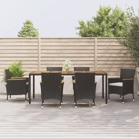 vidaXL 7 pcs conjunto de jantar p/ jardim c/ almofadões vime PE preto