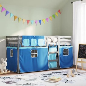 vidaXL Beliche com cortinas 90x200 cm madeira de pinho maciça azul