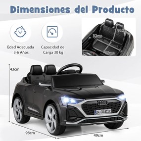 Carro elétrico para crianças Audi SQ8 licenciado de 12 V com controlo remoto Buzina Luzes LED Música 3 velocidades Arranque suave Preto