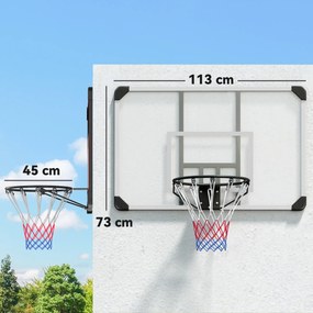 Cesto de Basquetebol de Parede com Aro, Rede e Estrutura em Aço para Exterior, 113x61x73 cm, Branco e Preto
