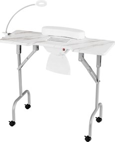 Mesa de manicure dobrável com aspirador de pó elétrico Luz LED 4 rodas com travão 90 x 40 x 77 cm Branca