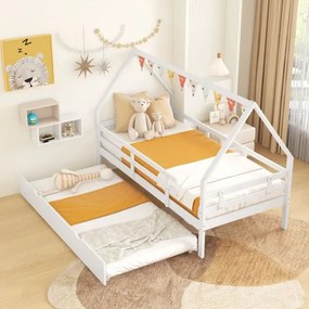 Cama infantil 90 x 200 cm em forma de casa com cama extra  (COLCHÕES NÃO INCLUIDOS) Estrutura de madeira com teto e grades de segurança Não necessita