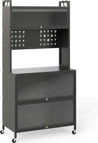 Armário de cozinha 80 x 40 x 160 cm de 5 níveis com suporte para micro-ondas com portas Armário para despensa com rodas Cinzento