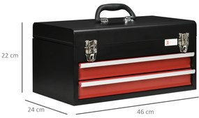 Caixa de Ferramentas de Aço com 2 Gavetas Fechaduras Metálicas Mala de Ferramentas Portátil 46x24x22 cm Preto e Vermelho