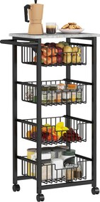 Carro de serviço de cozinha de 4 prateleiras com rodas, bancada e estrutura em aço, 49,5 x 31 x 91 cm, cinzento claro
