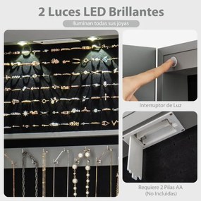 Armário de joias em madeira com espelho de parede e LED interno Organizador de porta ou parede com chave 35,5 x 10 x 120 cm Cinza claro