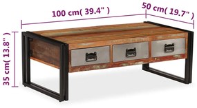 Mesa de centro 3 gavetas madeira recuperada maciça 100x50x35 cm
