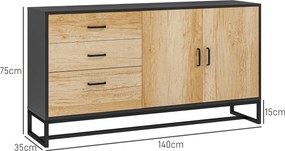 Aparador de sala de estar com 3 gavetas e prateleira ajustável 140 x 35 x 75 cm, pés em aço, puxadores em liga de alumínio acabamento em cor de madeir