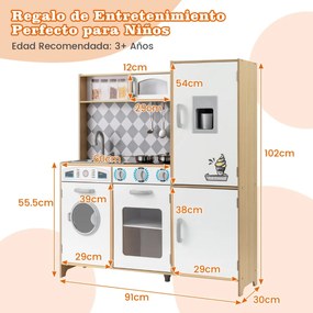 Cozinha de brincar em madeira 91 x 30 x 102 cm com máquina de gelo, fogão, máquina de lavar, forno, micro-ondas, sons e luzes reais para crianças com