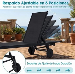 Espreguiçadeira de jardim com encosto ajustável em 6 posições, reclinável para piscina, terraço e jardim Preto