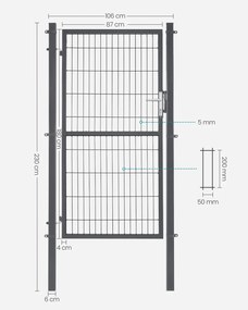 Portão de jardim com fechadura, 106 x 180 cm, em aço galvanizado cinzento