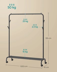 Guarda roupa metal com rodas 41 x 103,5 x 155 cm Preto