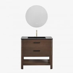 Conjunto De Móvel De Casa De Banho Em Madeira Com Lavatório Integrado Misene Madeira Escura & Redondo Led E Anti-embaciamento Ø70 Cm - Sklum