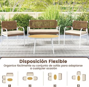 Conjunto de jardim de 4 peças: sofá de 2 lugares em rattan PE com 2 poltronas, almofadas e mesa em vidro temperado para varanda ou jardim, Castanho e