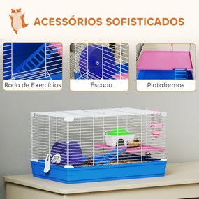 Gaiola para Hamster Casa para Roedores com Roda de Exercício Tigela Bebedouro Casinha Rampas para Gerbos 47x30x27 cm Azul